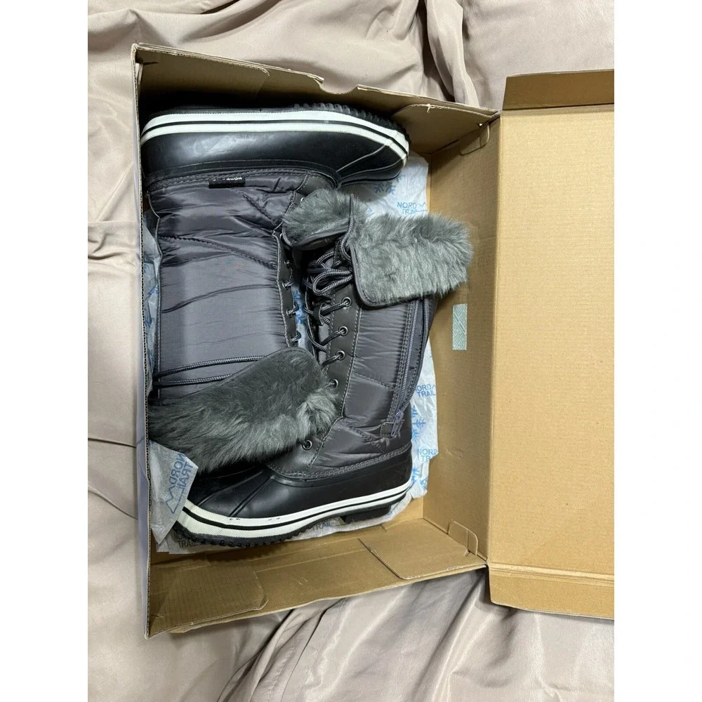 NORD TRAIL EMMA RUBBER BOOTS 6M‎ CHARCOAL  FAUX FUR THINSULATE Snow Warmth